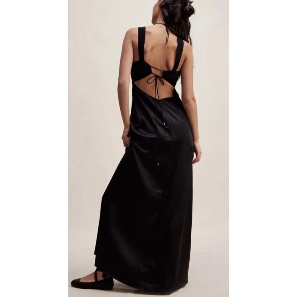 Free People Gia Dress Size 12 Black Satin Bodice Maxi Slinky Tie Back Boho New - Picture 2 of 10
